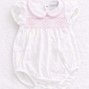 Classic White Smocked & Embroidered Bubble Nellapima 3-6 M Pink pipped collar